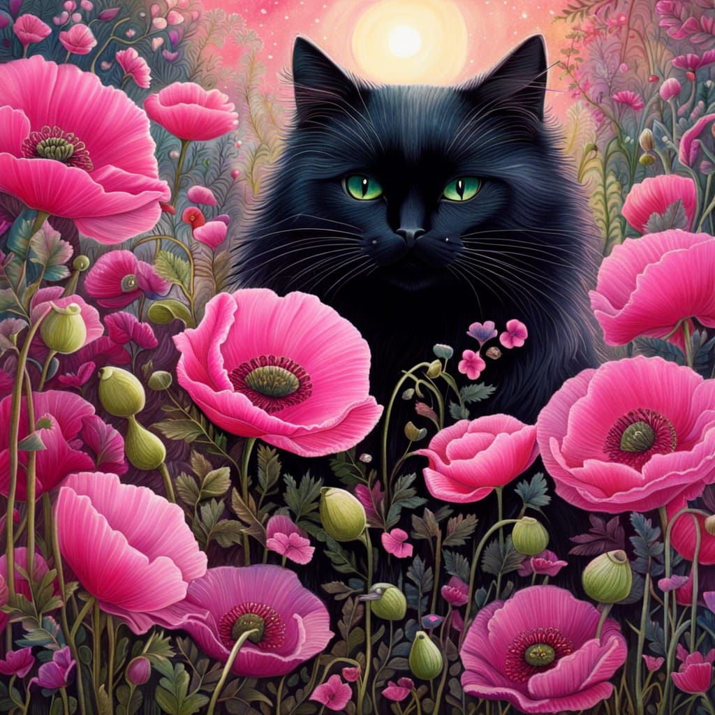 Black cat in pink poppy garden