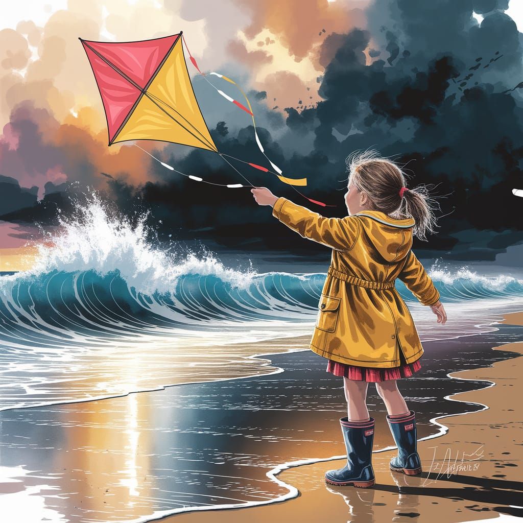 Girl Flying Kite on Stormy Beach in Watercolor Style