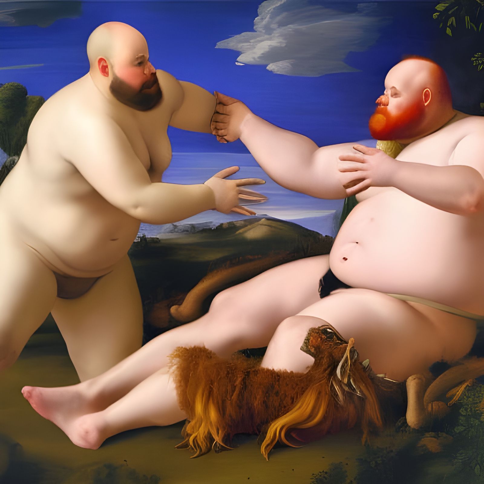 Chubby Bald Men Over Buffalo, in Renaissance Style