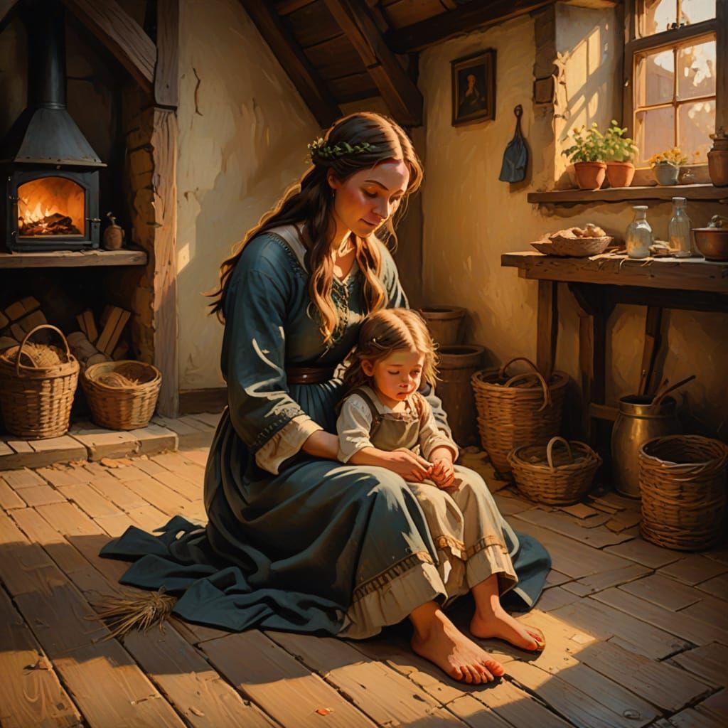 Medieval Mother and Daughter: Warm Oil Painting