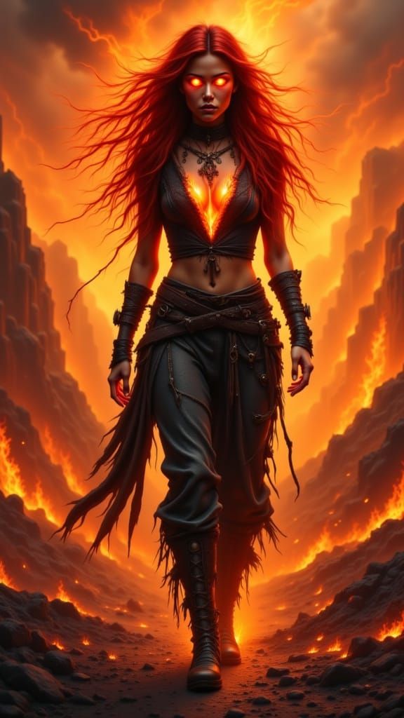 Fiery Woman with Magma Eyes in Post-Apocalyptic Style