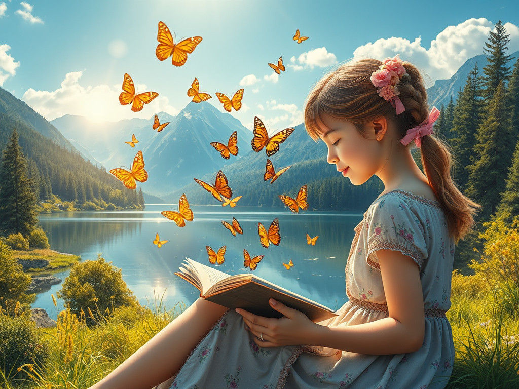 Summer Landscape with Reading Girl and Butterflies