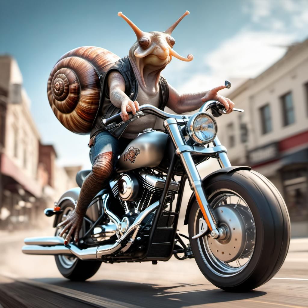 A snail riding a Harley Davidson motorbike at incredibly high speed, motion blur, depth of field intricately detailed, n...