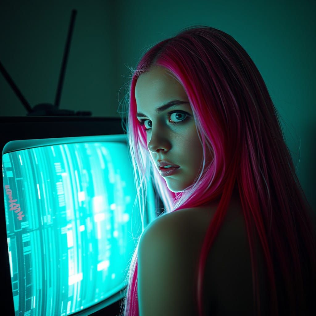 Young Woman Enthralled by Malfunctioning TV in a Retrofuturi...