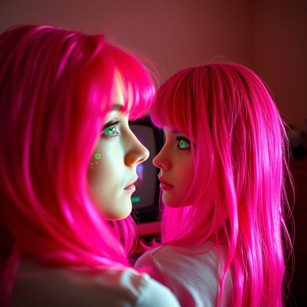 Girl Hypnotized by TV in Retro-Style Room