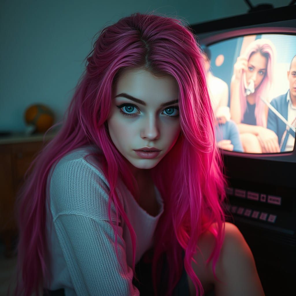 Hypnotized Teenage Girl Stares into TV's Flickering Screen