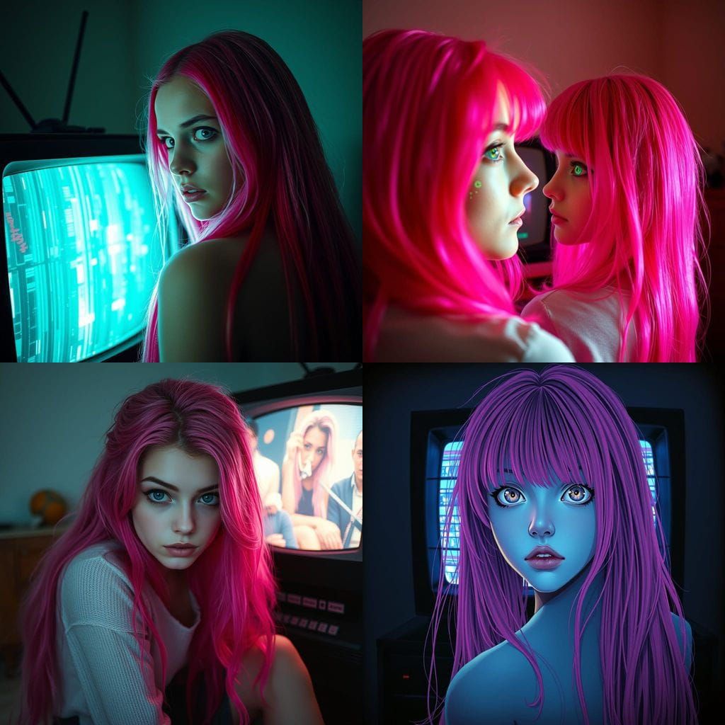 Young Woman Enchanted by TV in Glitchpunk Style