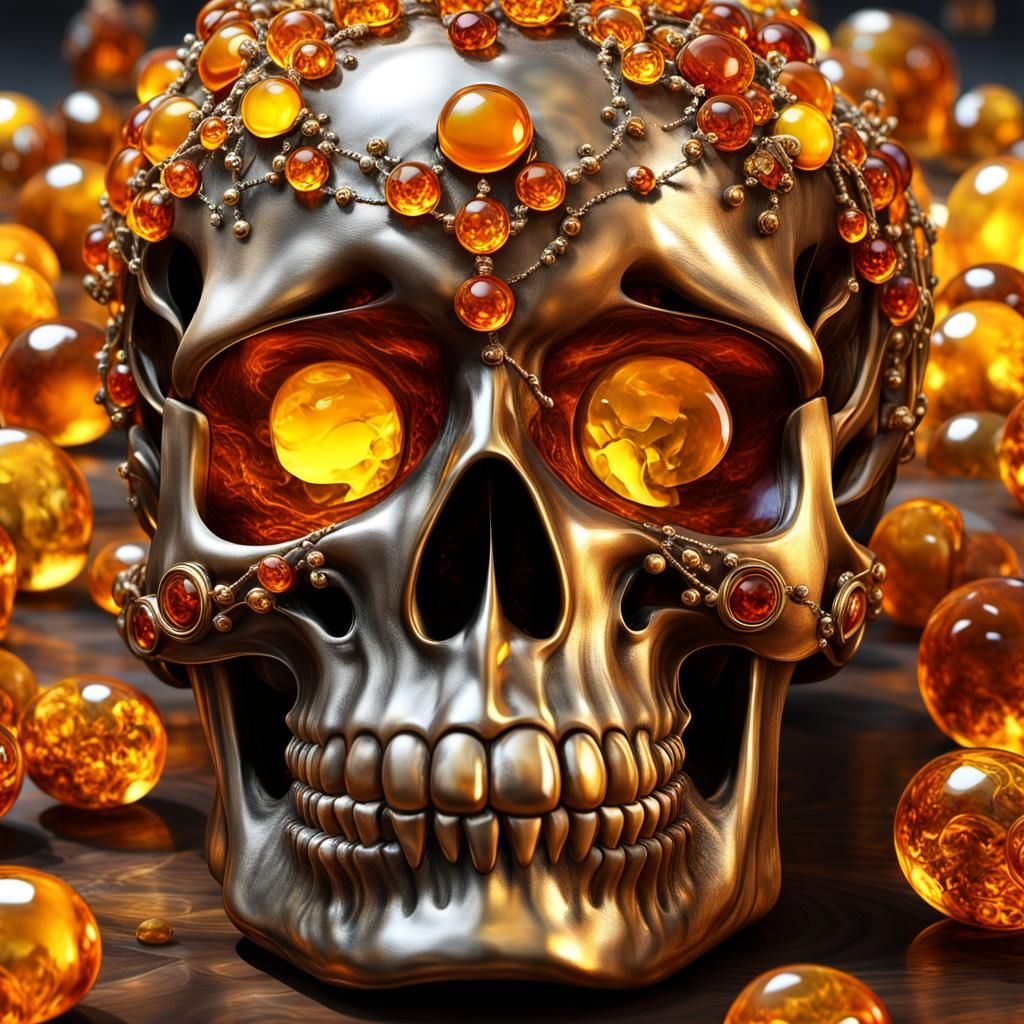 Opulent Amber Skull Adorned with Gems: Digital Illustration