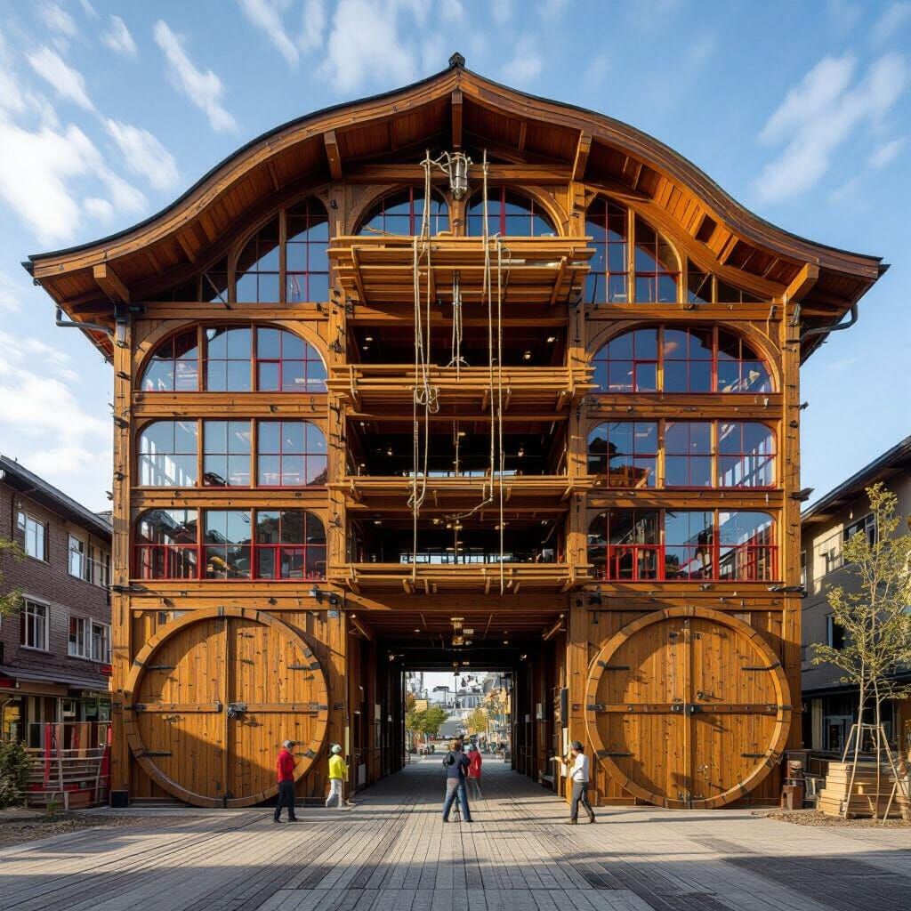 Tall Wooden Building with Semicircular Doors, Cinematic Styl...