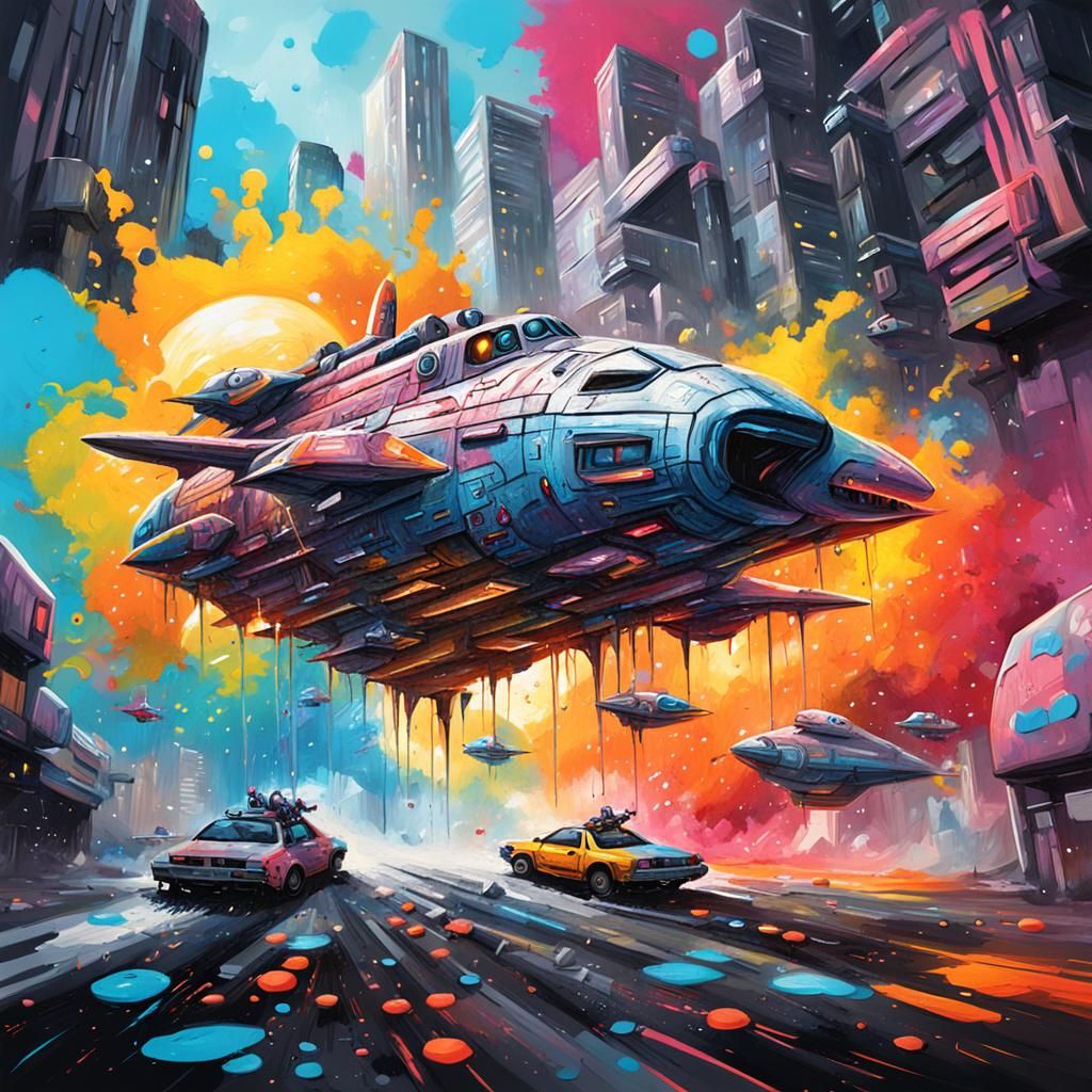 Energetic Spaceship Fight in Graffiti Art Style
