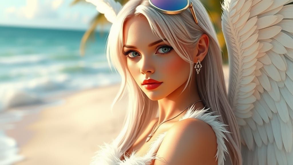Elegant Angel on Tropical Beach in 3D Comic Style