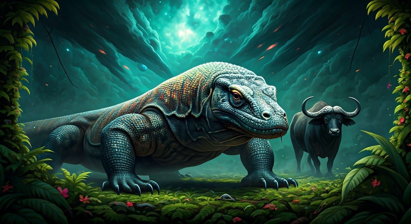 Komodo dragon  hunts buffalo in the wild,