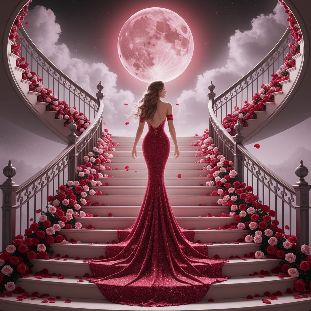 Elegant Woman Ascends Grand Staircase Under Glowing Moonligh...