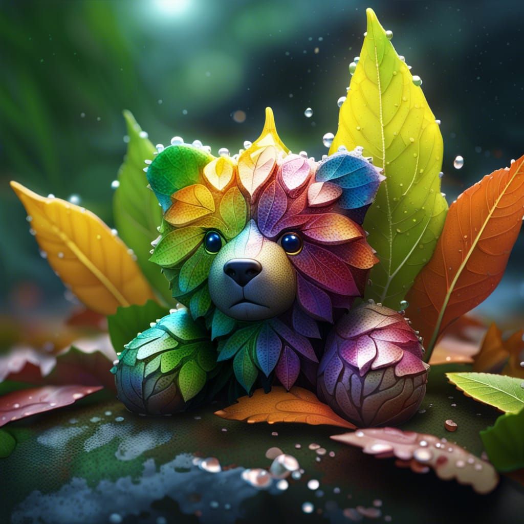 Adorable Multichromatic Leaf Bear with Dew Drops