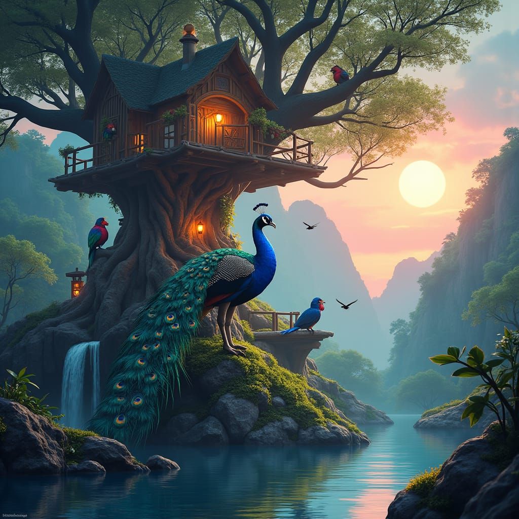 Peacock Paradise: Treehouse Fantasy in Matte Painting Style