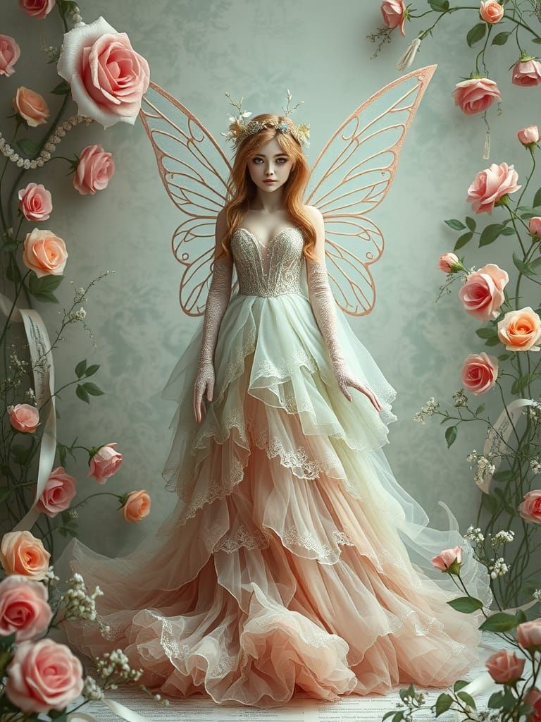 Whimsical Fairy in Tattered Tulle and Lace on Music Paper Sp...