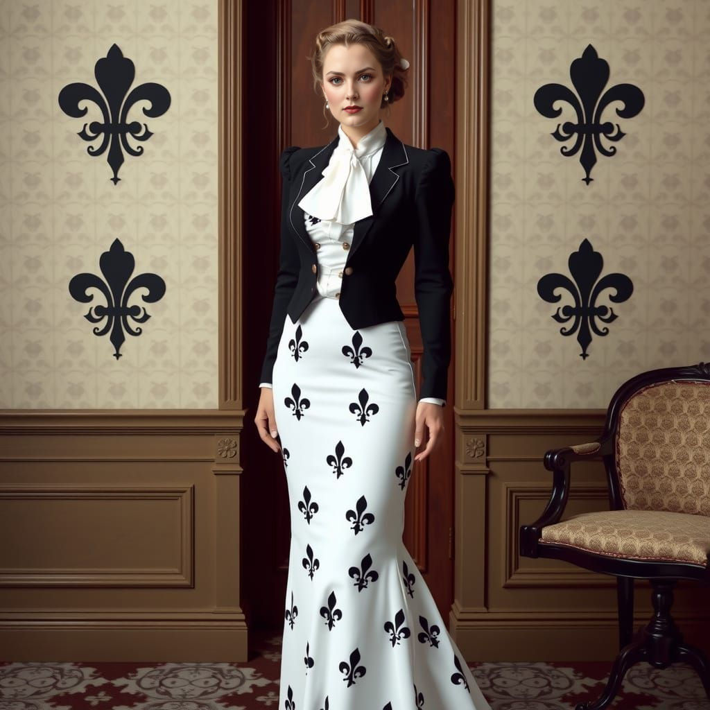 Victorian Woman in Fleur de Lis Suit Dress