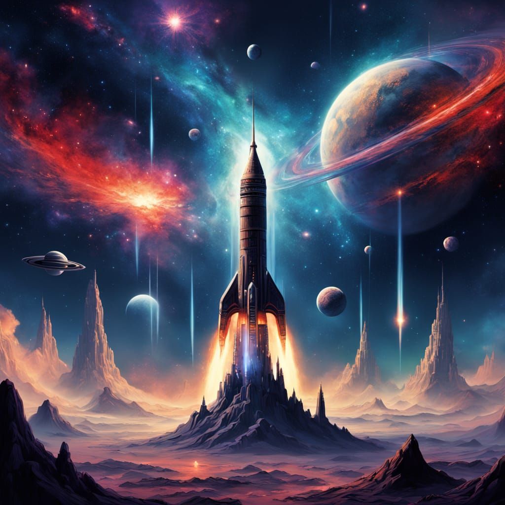 Retro Rocket Soars Through Space in Oil Painting