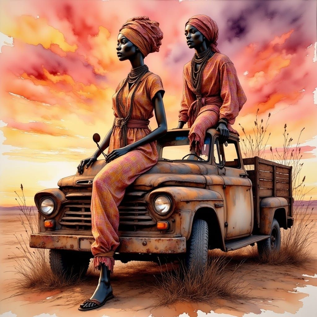 Majestic Mannequins in African Attire, Desert Sunset, Gouach...