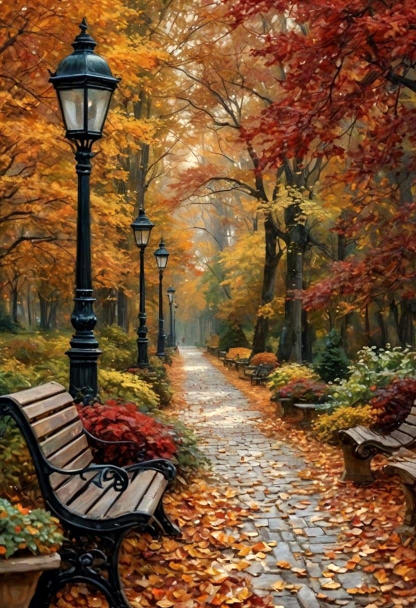 Magical Autumn Park in Romantic Lighting