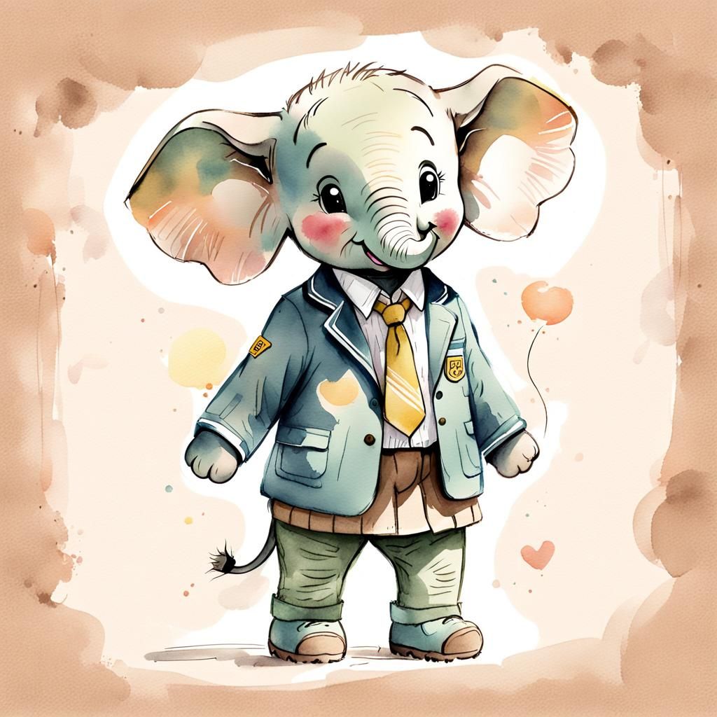 Whimsical Watercolor Portrait of a Toy-Elephant Cub in Schoo...