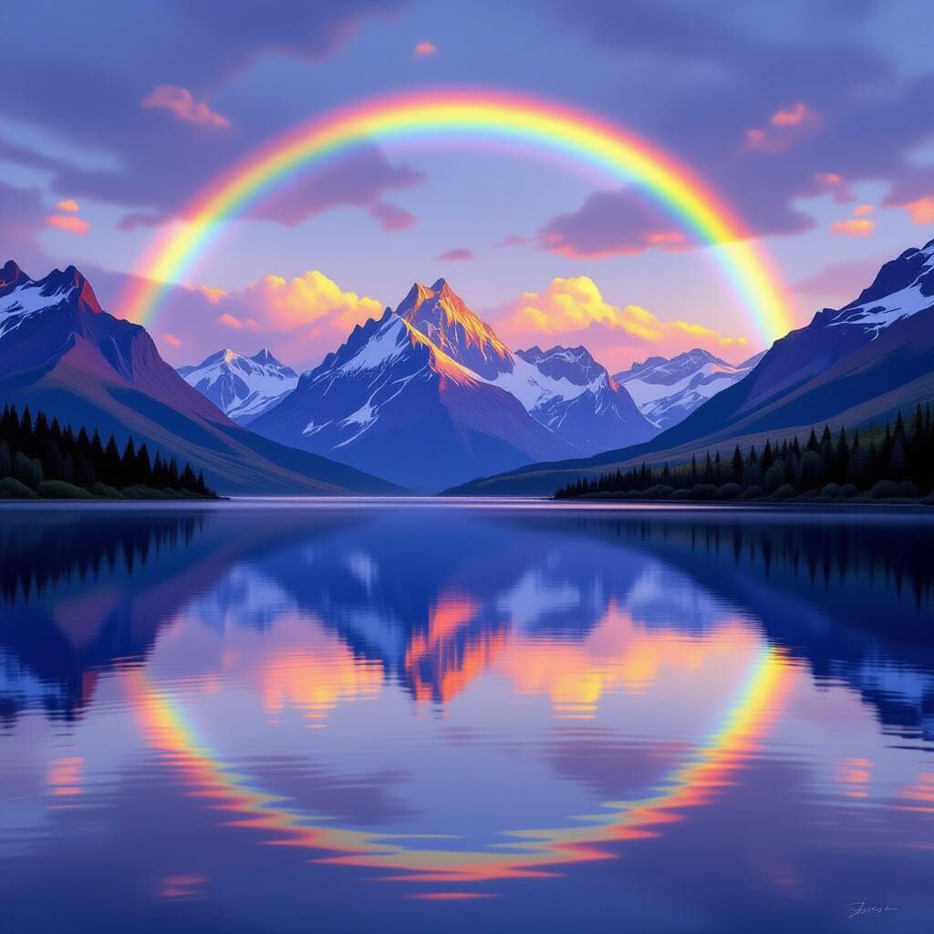 Rainbow Over Mountain Lake in Romantic Landscape Style