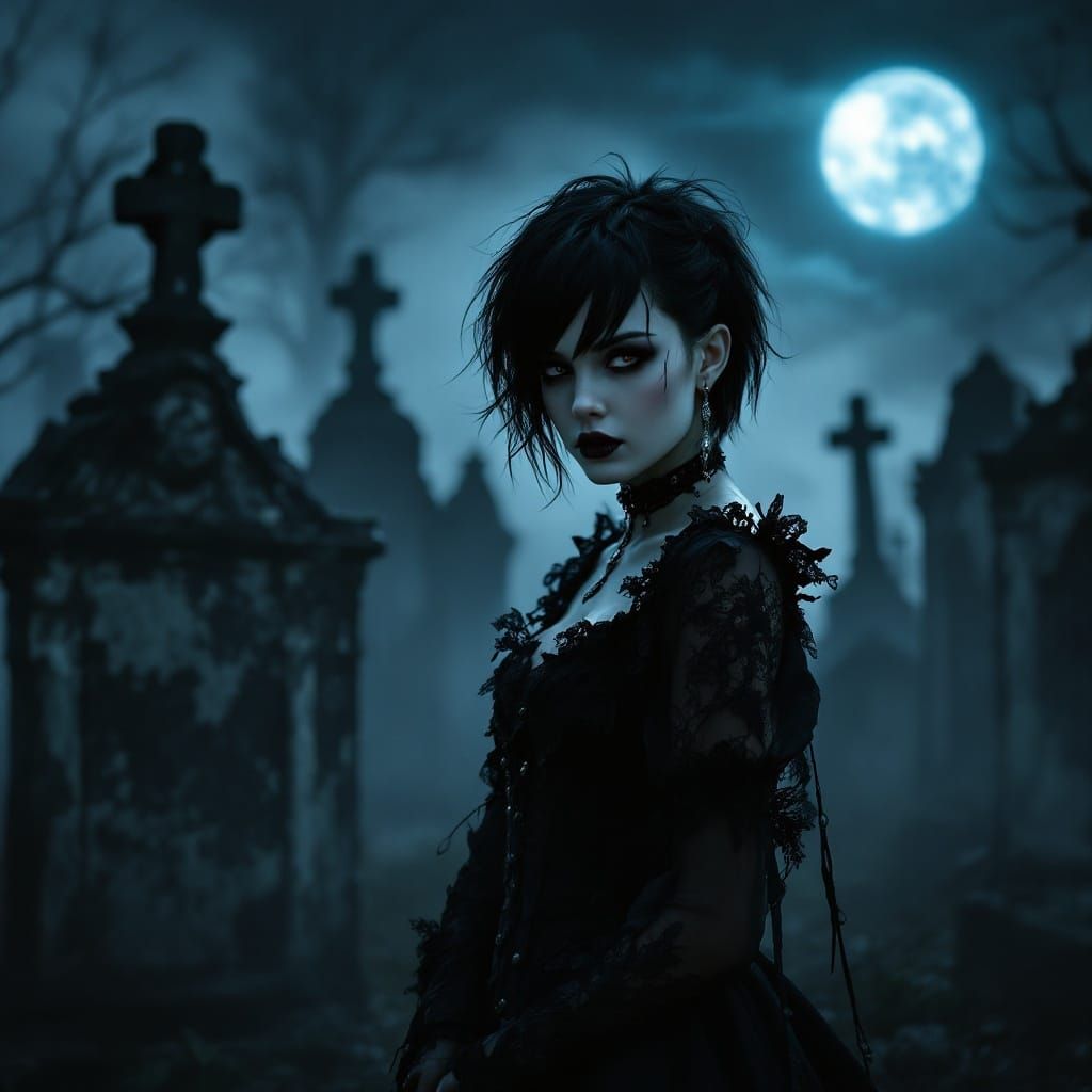 Gothic Woman Stands Amidst Tombstones in Victorian Attire