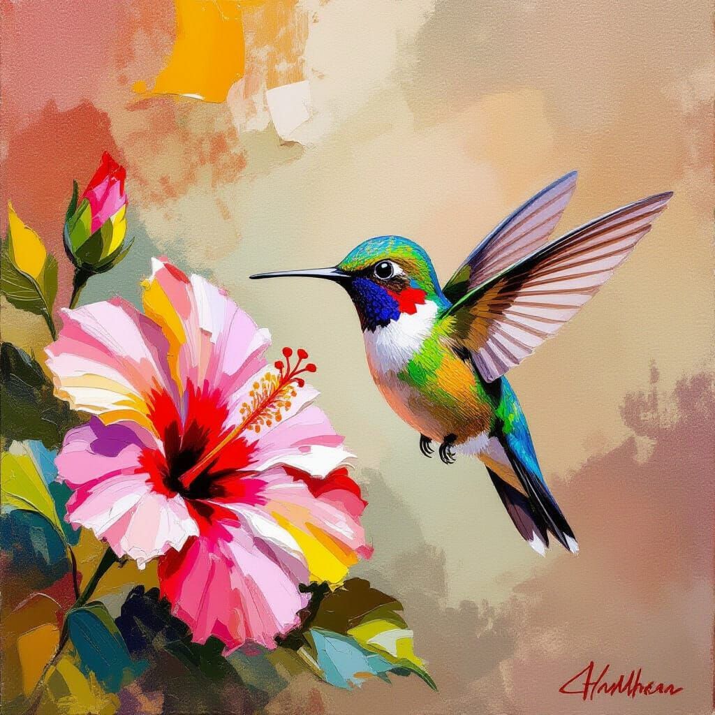 Hummingbird and Hibiscus in Impressionistic Palette Knife St...