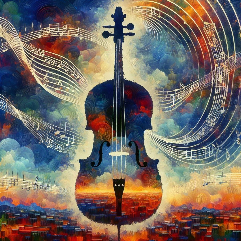 Violoncello Silhouette with Soundwaves in Impasto Style