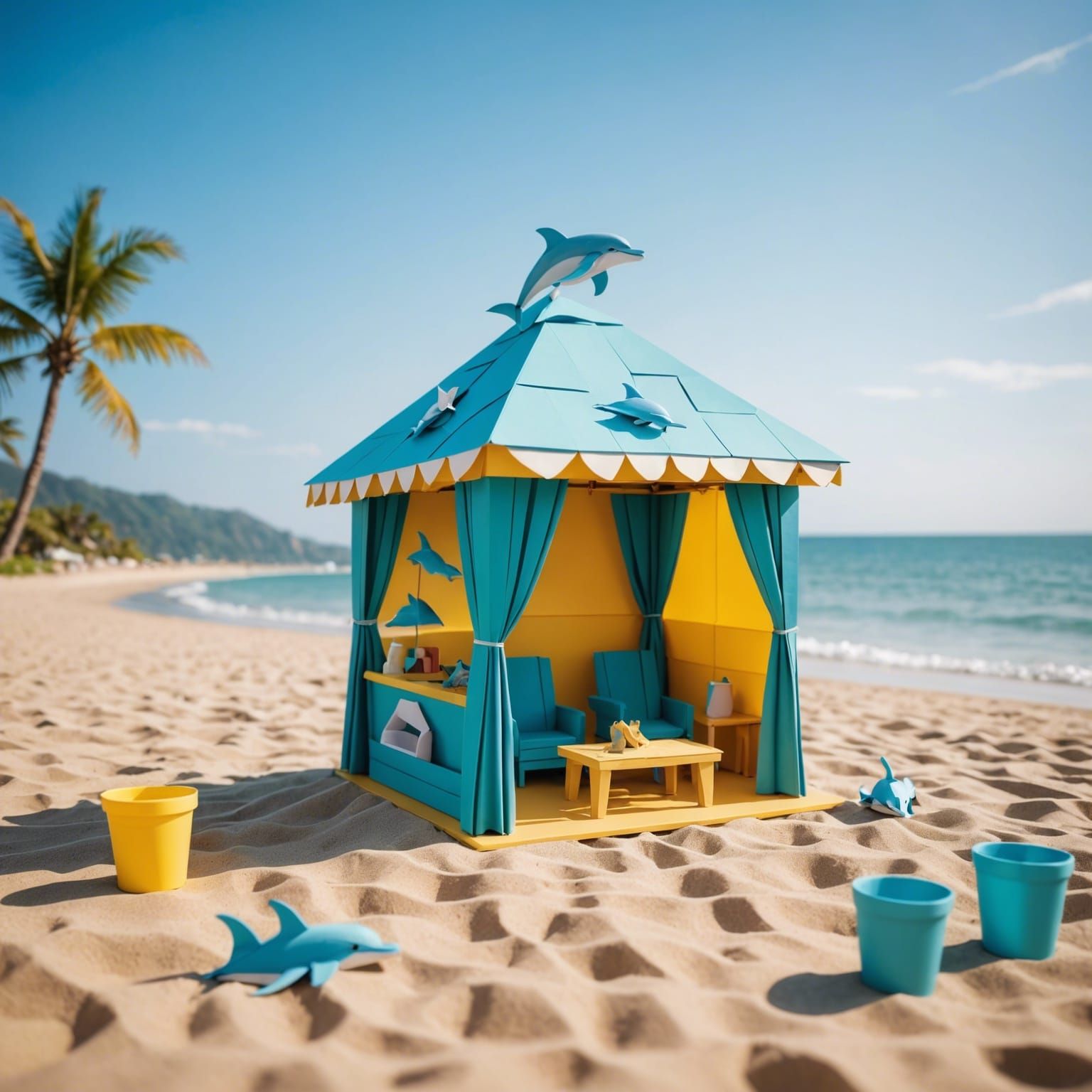 Origami Dolphins at Beach Cabana Paper Sculpture
