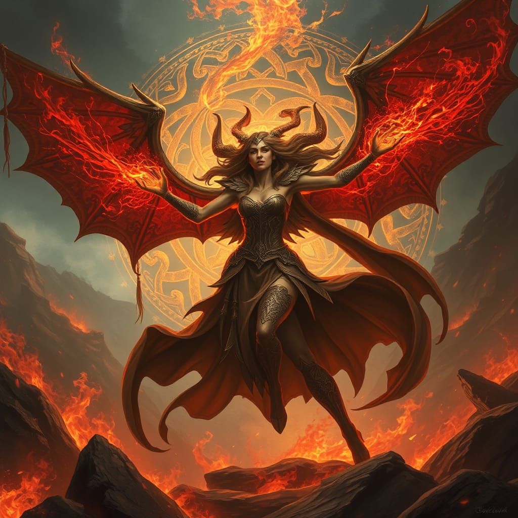 Morrigan Art: Dynamic Scene with Celtic Runes