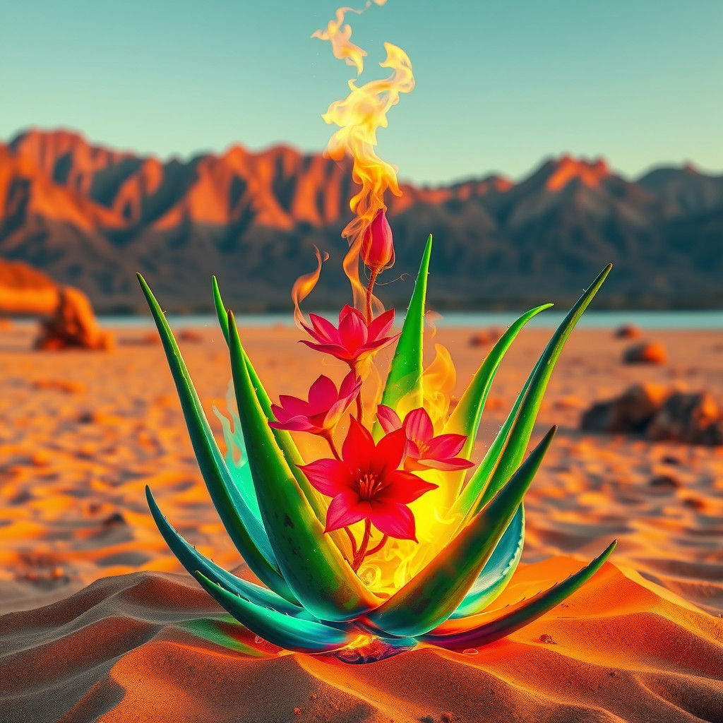 Aloe Vera Bonfire on Desert Beach in Graffiti Style