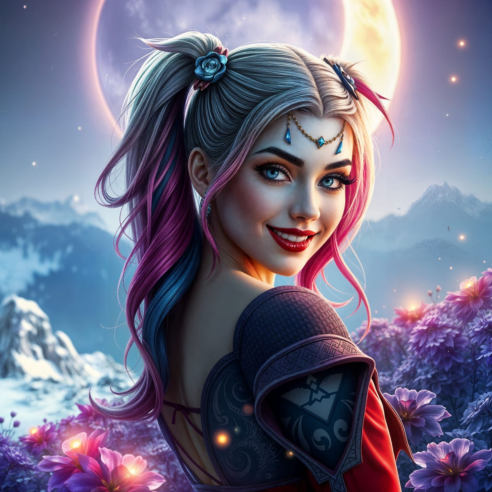 Harley Quinn Radiant Smile amidst Velvet Violet Blooms under...