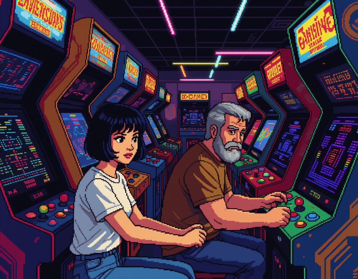 1980s Arcade Fun: Couple Playing Video Games
