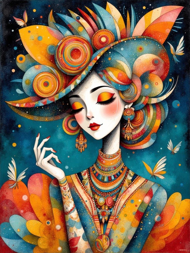 Surreal Showgirl Portrait in Watercolor and Ink