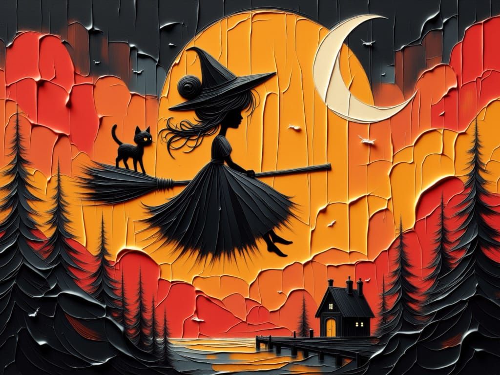 Little Witch Rides Broomstick at Sunset, Miyazaki Style
