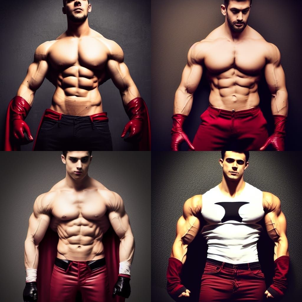 Ripped Superhero Flexing Muscles in Torn Red Suit