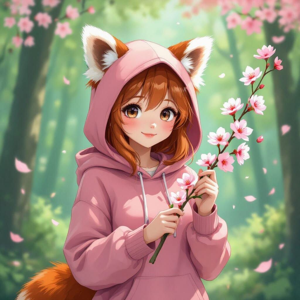 Red Panda Girl in Anime Style Forest
