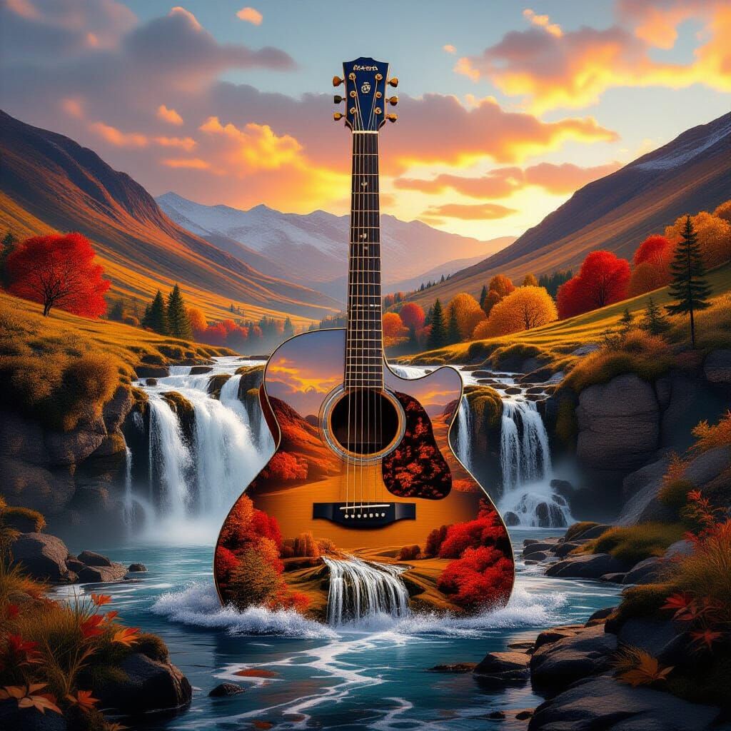 Guitar and Waterfall Blend in Autumn Landscape