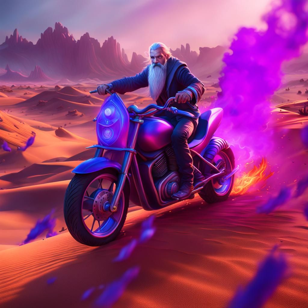 Wizard on Motorbike in Desert: Fantasy Concept Art