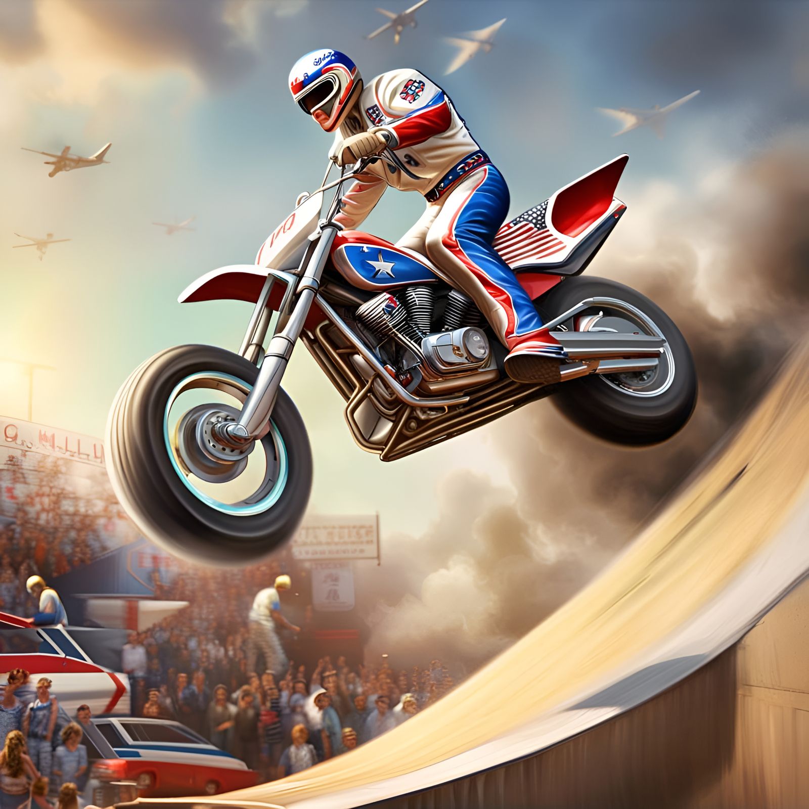 Evel Knievel Motorcycle Stunt in Hyperrealistic Style