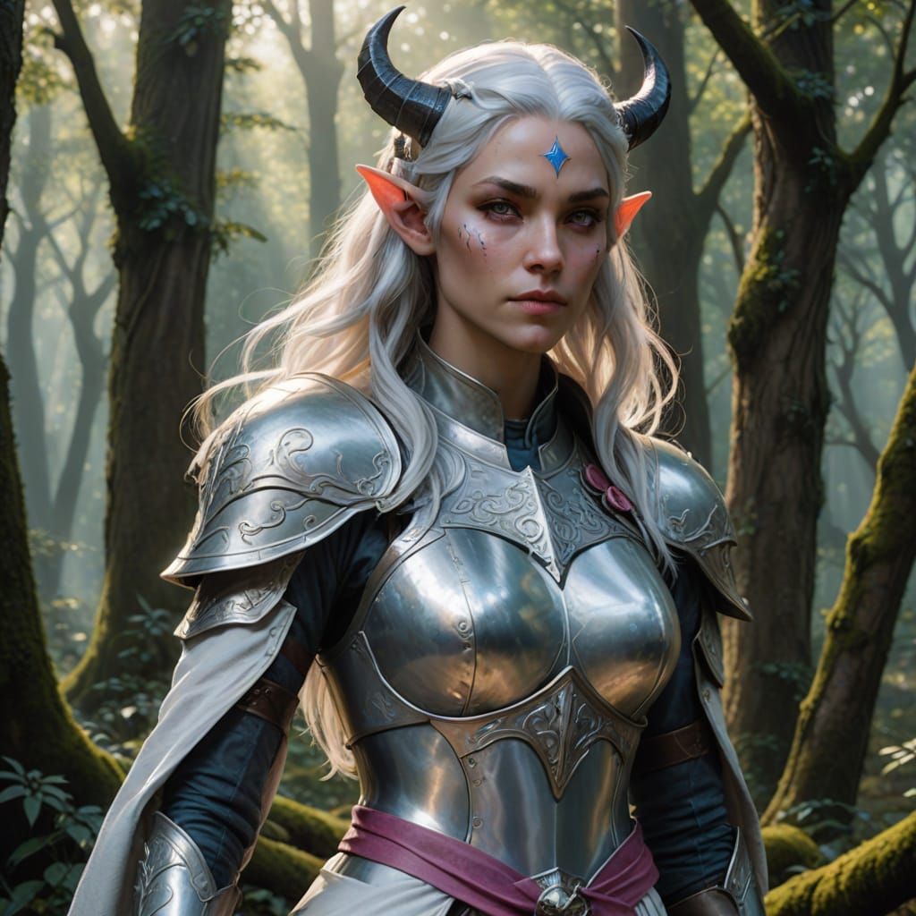 Semi-Realistic Tiefling Cleric in Enchanted Forest