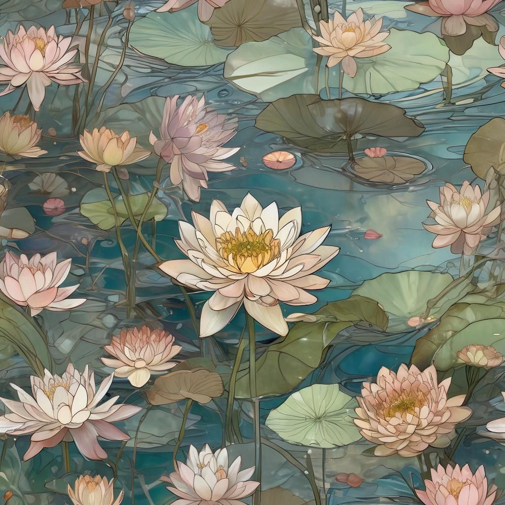 Art Nouveau Water Lilies in Glass Bowl