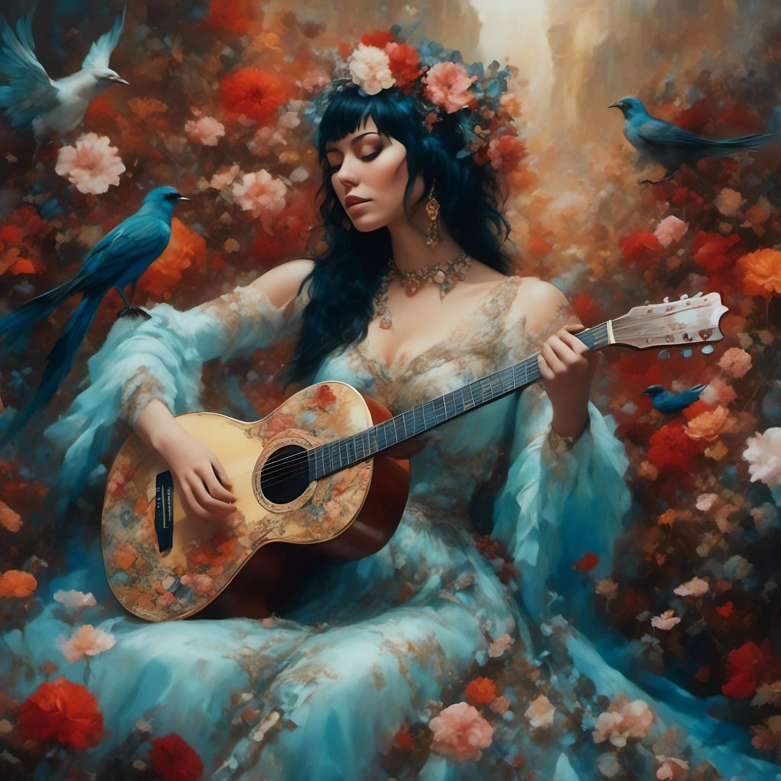 Red Fox Guitarist in Surreal Encaustic Forest