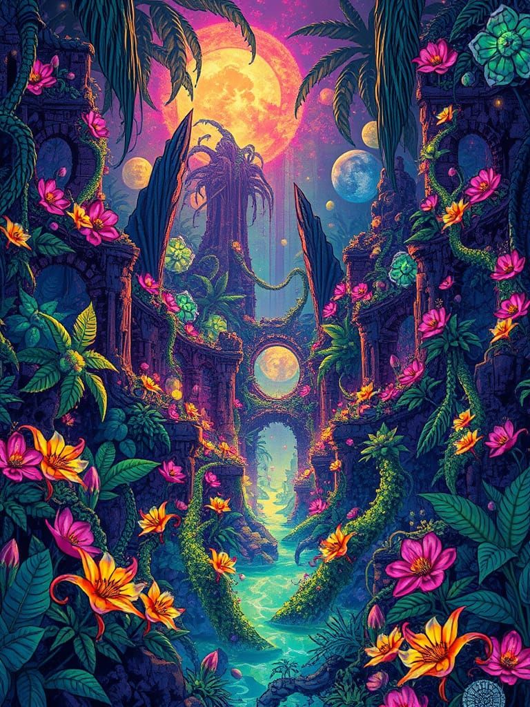 Lost Sci-Fi City Ruins in Psychedelic Bioluminescent Jungle