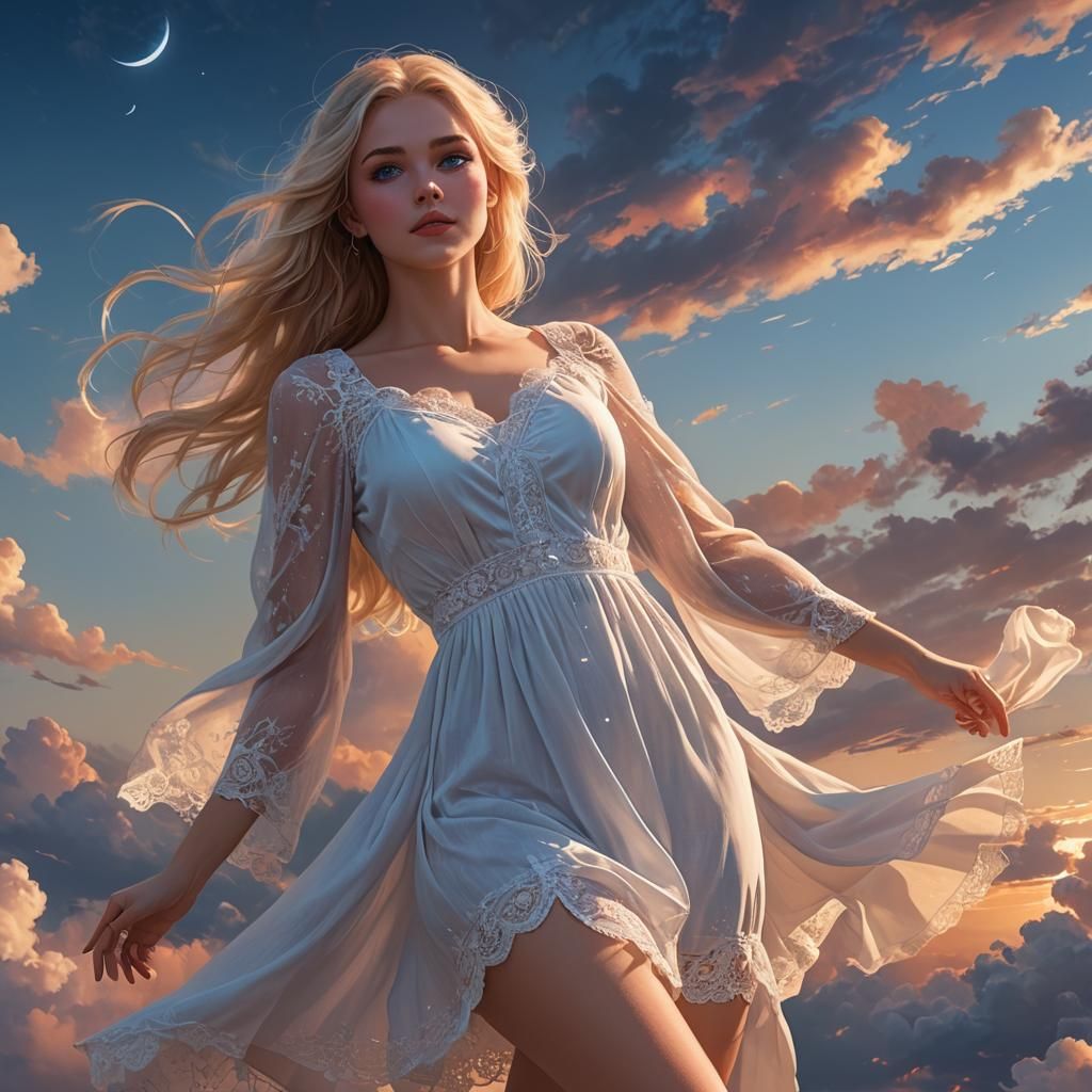 Radiant Blonde Portrait Flying in Sky