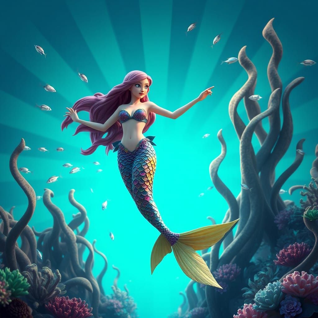 Mermaid's Underwater Ballet in Pixar-Style 3D Digital Art