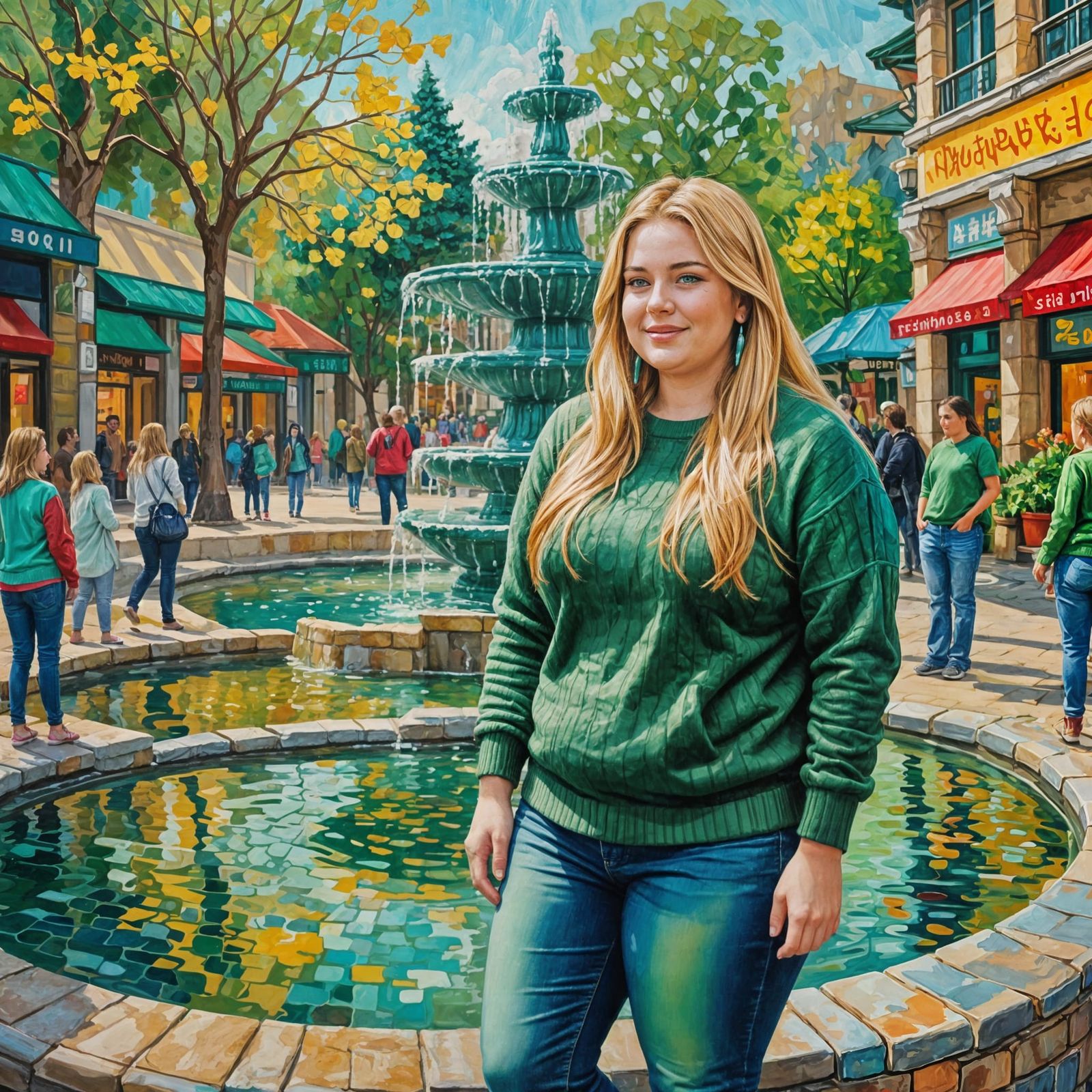 Plus-Sized Woman in Mall, Neo-Impressionist Oil Painting