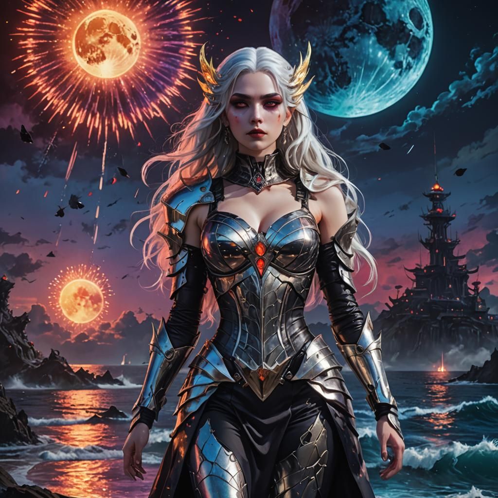 Anime Goddess Queen in Alien Landscape at Sunset