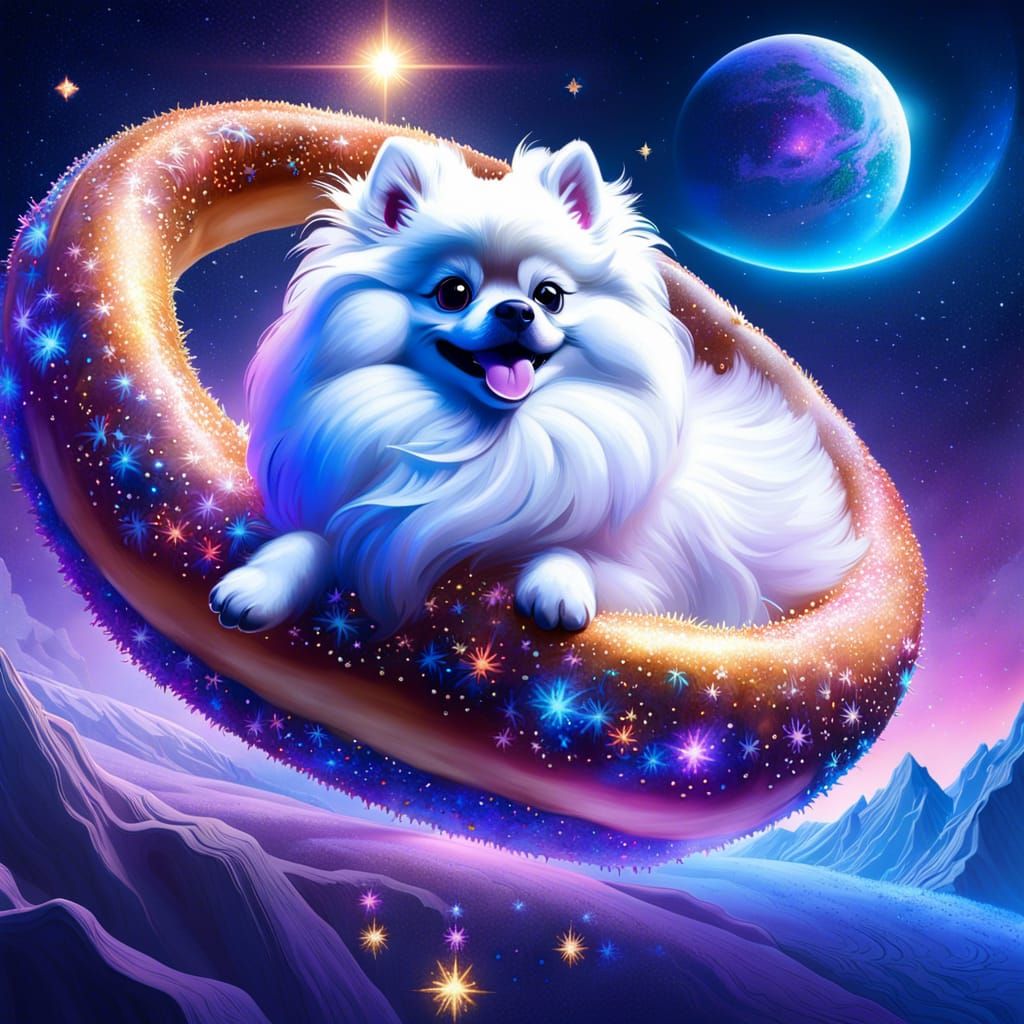 Pomeranian Pretzel Rides a Unicorn in Fantasy Art